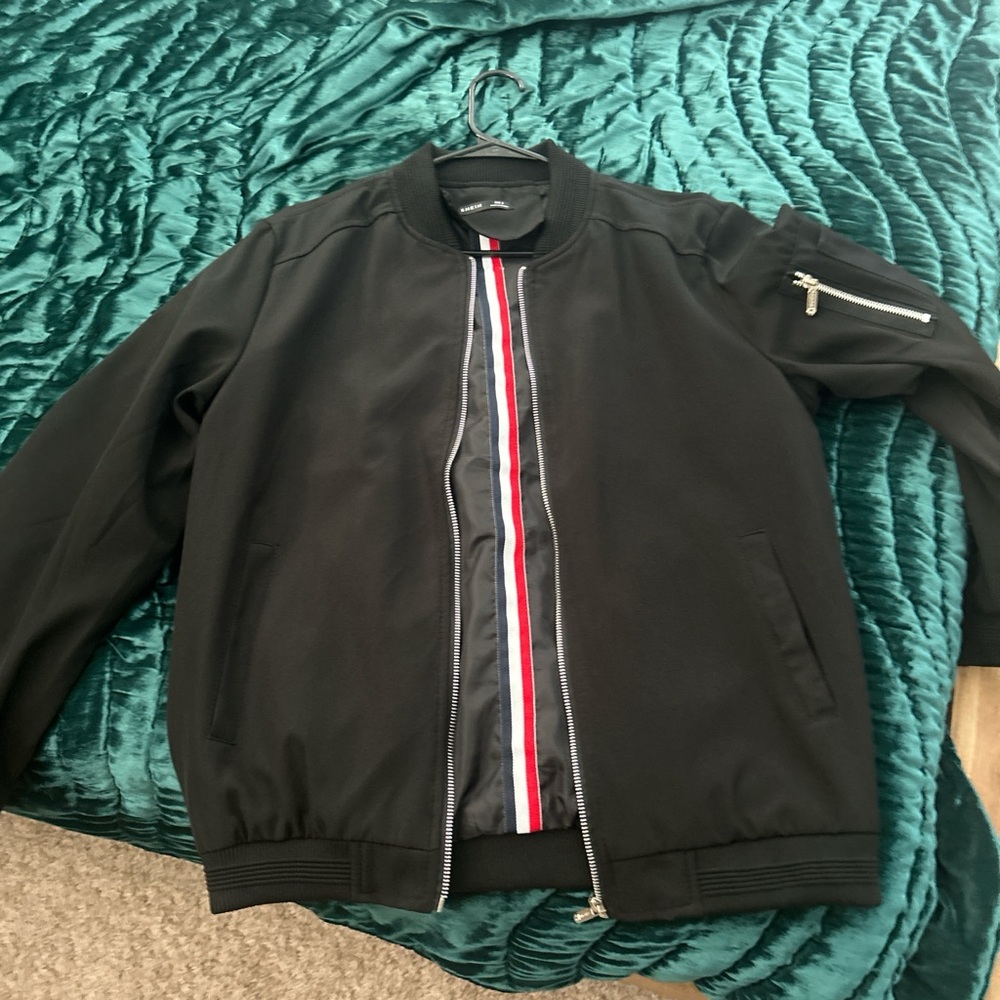 SHEIN Black Bomber Jacket with Red and White Stripes